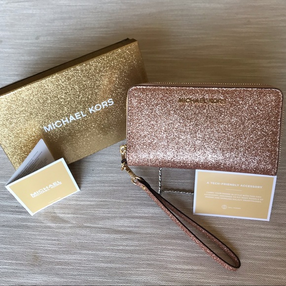 Michael Kors Rose Gold Glitter Phn Case Zip Wallet - Picture 4 of 6